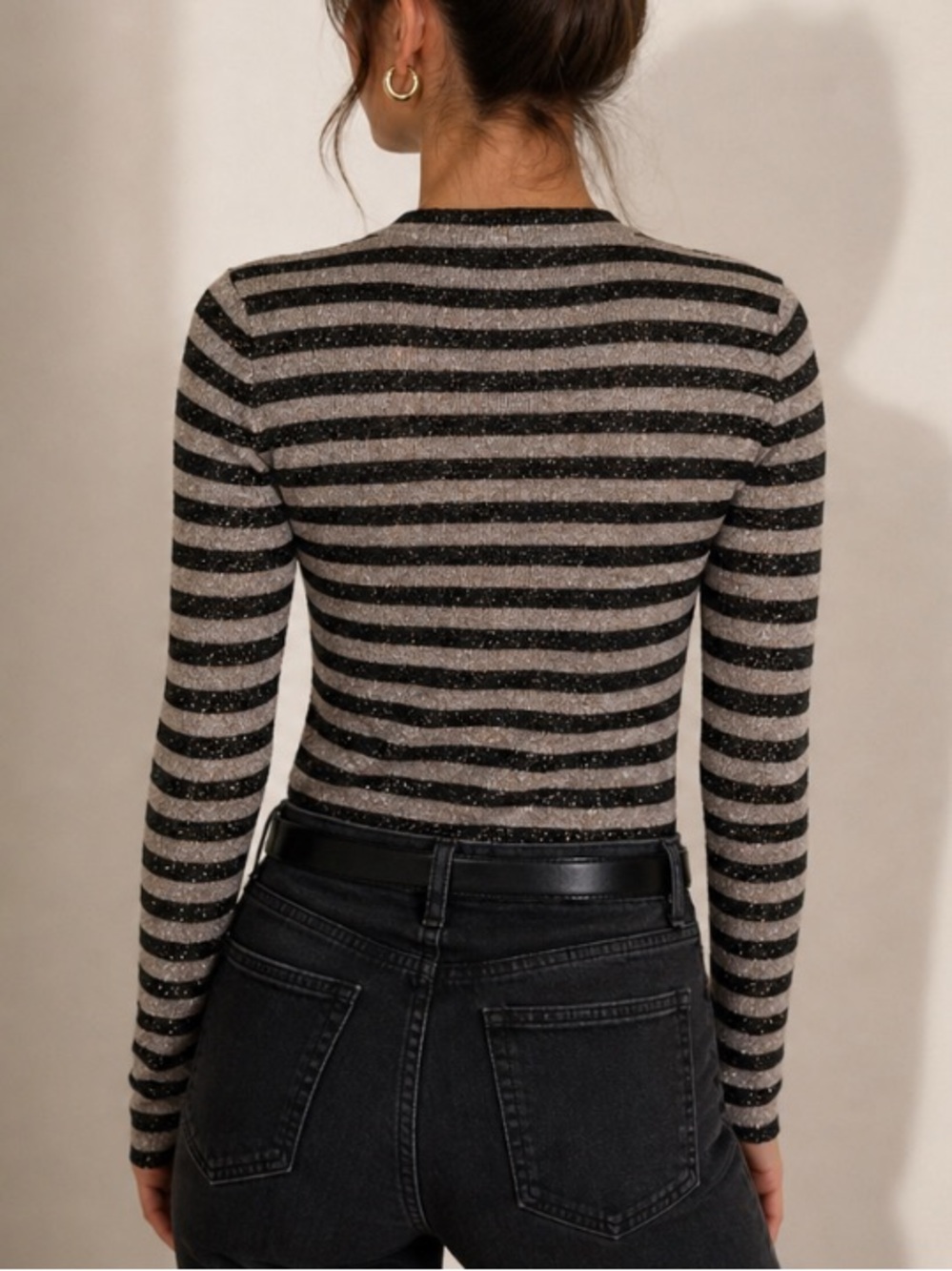 Who What Wear Black & Cream Metallic Stripe Knit Top - Picture 2 of 8